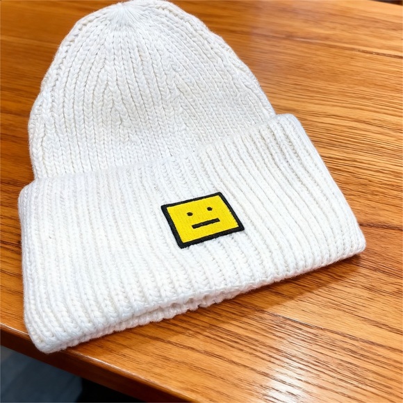 Acne Studios Accessories - Acne White Knit Hat with Yellow Emblem